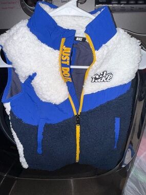 Nike Blue White Navy Colorblock Sherpa Vest with Yellow Zip Accents